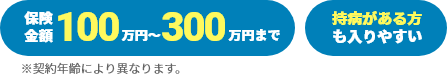・保険金額100万円～300万円まで ・持病がある方でも入りやすい ※契約年齢により異なります。