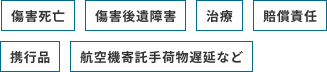 傷害死亡 傷害後遺障害、治療、賠償責任、携行品、航空機寄託手荷物遅延など