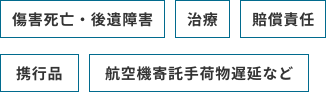 傷害死亡・後遺障害、治療、賠償責任、携行品、航空機寄託手荷物遅延など
